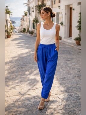 Cobalt Blue 100% Silk Elastic Waist Pants | Relaxed Fit Pull-On Trousers M